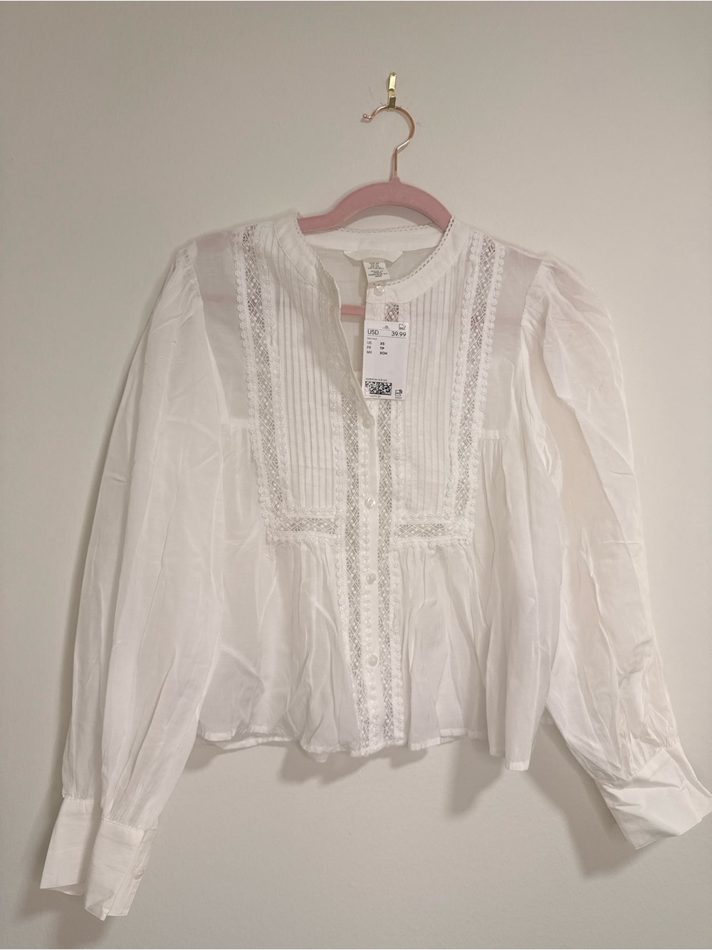 Cottage-core White Pintuck Lace Peasant Blouse